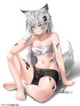  1girl absurdres animal_ear_fluff animal_ears arknights arm_support bandaged_arm bandages bangs bare_arms bare_shoulders black_shorts breasts cleavage commentary eyebrows_visible_through_hair gin9684 grey_eyes hair_between_eyes hair_ornament hairclip highres knee_up lappland_(arknights) long_hair looking_at_viewer midriff navel ore_lesion_(arknights) revision sarashi scar scar_across_eye shadow short_shorts shorts silver_hair simple_background sitting small_breasts solo stomach thighs white_background wolf_ears 