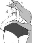  &lt;3 anthro canine clothing digital_media_(artwork) fangs female fluffy fur hair hi_res long_hair looking_at_viewer low-angle_view mammal monochrome multicolored_fur open_mouth shirt simple_background skirt solo toco_(artist) two_tone_fur worm&#039;s-eye_view 