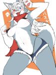  anthro blue_eyes bra breasts canine clothed clothing digital_media_(artwork) fangs female fluffy fur grey_fur hair heterochromia hi_res husko inner_ear_fluff japanese_text looking_at_viewer mammal multicolored_fur nipple_bulge open_mouth panties paws red_eyes scarf shorts smile solo standing teeth text toco_(artist) translation_request two_tone_fur underwear white_fur white_hair 