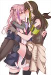  absurdres ar-15 armband bangs black_hair blue_eyes blush brown_eyes brown_hair carrying commentary couple english_commentary eyebrows_visible_through_hair girls_frontline gloves gun hair_ornament headphones highres holding jacket long_hair looking_at_another m4a1_(girls_frontline) multicolored_hair multiple_girls open_clothes open_jacket pink_hair princess_carry rifle scarf sidelocks st_ar-15_(girls_frontline) streaked_hair thigh_gap thigh_strap thighhighs weapon white_background yuri yuutama2804 