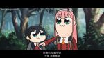  1boy 1girl :3 bkub_(style) black_hair blue_eyes chinese chinese_commentary commentary darling_in_the_franxx day ei_ei_okotta? eye_contact eyebrows_visible_through_hair eyeshadow forest grey_jacket hairband highres hiro_(darling_in_the_franxx) jacket long_hair long_sleeves looking_at_another makeup murasaki_saki nature outdoors pink_hair pipimi poptepipic popuko red_jacket season_connection translation_request tree zero_two_(darling_in_the_franxx) 