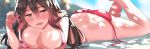  ashigara_(kantai_collection) ass bikini blush breasts brown_hair cleavage commentary_request eyebrows_visible_through_hair highres kantai_collection large_breasts long_hair looking_at_viewer lying on_stomach open_mouth partial_commentary red_bikini solo swimsuit tonari_no_kai_keruberosu yellow_eyes 