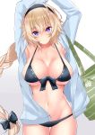  armpits arms_up bag bangs bare_shoulders bikini black_bikini black_bow blonde_hair blue_eyes blue_jacket blush bow braid breasts cleavage closed_mouth collarbone fate/grand_order fate_(series) hair_between_eyes hair_bow hairband highres hips hood hoodie jacket jeanne_d'arc_(fate)_(all) jeanne_d'arc_(swimsuit_archer) large_breasts long_braid long_hair looking_at_viewer navel open_clothes open_jacket sankakusui shiny shiny_hair shiny_skin shoulder_bag single_braid solo swimsuit thighs white_background 