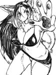  anthro big_breasts black_hair bra breasts canine claws cleavage clothed clothing digital_media_(artwork) ear_piercing fangs female fluffy fur hair hi_res inner_ear_fluff long_hair looking_at_viewer mammal monochrome navel open_mouth panties pawpads paws piercing scar simple_background smile solo toco_(artist) tongue underwear v_sign white_background white_fur 