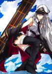  belt black_belt black_coat black_neckwear cloud cloudy_sky coat collared_shirt commentary deck enterprise_(azur_lane) eyebrows_visible_through_hair hat military miniskirt necktie open_clothes open_coat otsunabe_(naabe_delta) peaked_cap pleated_skirt purple_eyes shirt silver_hair skirt sky sleeveless sleeveless_shirt underbust white_hat 