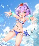  :d ass_visible_through_thighs azur_lane bangs bare_shoulders bikini blue_bikini blue_flower blue_sky blurry blurry_background blush bouncing_breasts bracelet breasts cloud cloudy_sky commentary_request cross_hair_ornament day depth_of_field dutch_angle eyebrows_visible_through_hair flower green_eyes groin hair_between_eyes hair_flower hair_ornament highres horizon javelin_(azur_lane) jewelry looking_at_viewer medium_breasts navel nyafu_(moai_lion) ocean open_mouth outdoors outstretched_arms purple_hair red_flower sky smile solo splashing standing swimsuit wading water yellow_flower 