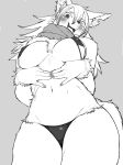  anthro bra canine clothing fangs female fluffy fur hair heterochromia hi_res inner_ear_fluff long_hair looking_at_viewer mammal monochrome navel nipple_bulge panties scarf simple_background smile solo toco_(artist) tongue underwear white_fur 