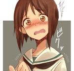  1girl bangs black_neckwear blouse blush brown_eyes brown_hair commentary eyebrows_visible_through_hair frown full-face_blush girls_und_panzer hands_together long_sleeves looking_at_viewer motion_lines neckerchief nishizumi_miho ooarai_school_uniform open_mouth portrait scared school_uniform serafuku short_hair single_stripe solo suo_(sndrta2n) wavy_mouth white_blouse 