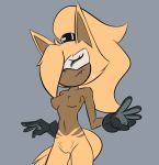  anthro blonde_hair breasts canine clothing dark_skin eyelashes eyes_closed fangs female fur gloves hair mammal nervous nipples offon ponytail pussy simple_background solo sonic_(series) whisper_the_wolf wolf 