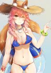  absurdres animal_ear_fluff animal_ears atora bad_id bad_pixiv_id bikini blue_bikini blush bracelet breasts cleavage collarbone commentary_request ears_through_headwear fang fate/grand_order fate_(series) fox_ears fox_shadow_puppet fox_tail grey_background groin hat highres innertube jewelry large_breasts looking_at_viewer navel necklace one_eye_closed pink_hair side-tie_bikini simple_background solo straw_hat swimsuit tail tamamo_(fate)_(all) tamamo_no_mae_(swimsuit_lancer)_(fate) yellow_eyes 