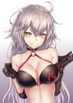  ahoge bare_shoulders bikini black_bikini black_gloves black_jacket breasts choker cleavage commentary_request cropped_jacket eyebrows_visible_through_hair fate/grand_order fate_(series) gloves gradient gradient_background hair_between_eyes jacket jeanne_d'arc_(alter_swimsuit_berserker) jeanne_d'arc_(fate)_(all) large_breasts long_hair looking_at_viewer o-ring open_clothes open_jacket parted_lips ryuinu sleeves_rolled_up solo swimsuit upper_body yellow_eyes 