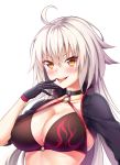  :p ahoge bikini_top black_bikini_top black_gloves blush breasts commentary_request eyebrows_visible_through_hair fate/grand_order fate_(series) gloves jeanne_d'arc_(alter_swimsuit_berserker) jeanne_d'arc_(fate)_(all) looking_at_viewer medium_breasts o-ring o-ring_top shrug_(clothing) smile solo tongue tongue_out upper_body white_hair yellow_eyes zuizhong 