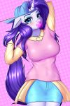  2018 backwards_baseball_cap baseball_cap blush bubble_gum clothed clothing digital_media_(artwork) dotted_background equine eyelashes eyeshadow female friendship_is_magic hair hat hi_res horn long_hair looking_at_viewer makeup mammal my_little_pony pattern_background rarity_(mlp) simple_background solo twistedscarlett60 