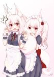  2girls animal_ear_fluff animal_ears apron autumn_leaves_(tail_fox) bangs blush commentary covering_face eyebrows_visible_through_hair fang fox_ears fox_girl fox_tail frilled_cuffs hair_ribbon maid maid_apron maid_dress maid_headdress medium_hair multiple_girls original red_eyes red_ribbon ribbon side_ponytail startled tail tail_grab tied_hair white_hair wrist_cuffs 