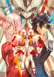  1boy 1girl back-to-back bangs black_bodysuit black_hair blue_eyes blue_horns bodysuit breasts clenched_hand commentary_request couple darling_in_the_franxx gloves green_eyes hair_ornament hairband hand_on_own_chest hetero hiro_(darling_in_the_franxx) horns long_hair mecha medium_breasts oni_horns pilot_suit pink_hair red_bodysuit red_gloves red_horns red_pupils sabamisob short_hair strelizia white_gloves white_hairband zero_two_(darling_in_the_franxx) 