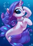  2018 absurd_res alternate_species blue_background blue_eyes bubble equine eyebrows eyelashes eyeshadow female fin friendship_is_magic grin hair hi_res hooves horn long_hair looking_at_viewer makeup mammal marine mascara my_little_pony nude pearl_necklace portrait pose purple_hair rarity_(mlp) scales sea sea_pony signature simple_background smile solo teeth underwater water white_scales whitediamonds 