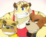  12beat13 2013 angry bear blush brown_fur canine clothed clothing eyewear feline fur glasses group hug juuichi_mikazuki kounosuke_(morenatsu) mammal morenatsu one_eye_closed shirt simple_background slightly_chubby tanuki tiger torahiko_(morenatsu) wink 