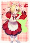  :3 animal_ears apron bell black_bow blonde_hair blush bow cat_ears cat_tail commentary dress ear_piercing fake_animal_ears fake_tail fang feet_out_of_frame frilled_apron frilled_dress frills hair_over_one_eye hairband hako_(gyhujikolp) hands_up highres idolmaster idolmaster_cinderella_girls jingle_bell long_sleeves looking_at_viewer maid_apron open_mouth paw_pose piercing red_dress red_eyes red_ribbon ribbon shirasaka_koume short_hair skull smile solo symbol_commentary tail tail_ribbon thighhighs white_legwear 