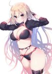  arms_up ayuma_sayu bikini black_bikini black_jacket blonde_hair blush breasts commentary_request fate/grand_order fate_(series) hair_between_eyes jacket jeanne_d'arc_(alter_swimsuit_berserker) jeanne_d'arc_(fate)_(all) large_breasts long_hair looking_at_viewer o-ring shrug_(clothing) skindentation swimsuit yellow_eyes 