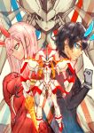 1girl back-to-back bangs black_bodysuit black_hair blue_eyes blue_horns bodysuit breasts clenched_hand commentary_request couple darling_in_the_franxx gloves green_eyes hair_ornament hairband hand_on_own_chest hetero highres hiro_(darling_in_the_franxx) horns long_hair mecha medium_breasts oni_horns pilot_suit pink_hair red_bodysuit red_gloves red_horns red_pupils sabamisob strelizia white_gloves white_hairband zero_two_(darling_in_the_franxx) 
