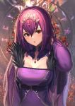  :o arm_up bangs beads blurry blurry_background blush breasts collarbone commentary depth_of_field detached_collar dress eyebrows_visible_through_hair fate/grand_order fate_(series) flower fur-trimmed_dress gem glint hair_between_eyes hand_in_hair head_tilt headpiece highres large_breasts long_hair long_sleeves looking_at_viewer moonandmist purple_dress purple_hair red_eyes red_flower runes scathach_(fate)_(all) scathach_skadi_(fate/grand_order) shiny shiny_hair sidelocks silver_trim solo taut_clothes taut_dress upper_body 