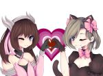  2girls ;) animal_ears bad_anatomy black_cat_d.va black_gloves blue_eyes blush bow brown_hair cat_ears crossover d.va_(overwatch) devo4ka dress fake_animal_ears flat_chest gloves green_eyes head_wings heart looking_at_viewer mechanical_halo mercy_(overwatch) mikanskii multiple_girls one_eye_closed original overwatch pink_bow pink_dress pink_mercy puffy_short_sleeves puffy_sleeves short_sleeves simple_background smile twintails white_background wink 