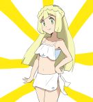  alternate_hairstyle arm_at_side armpits bangs bikini blonde_hair blunt_bangs blunt_ends blush braid breasts closed_mouth collarbone commentary_request cowboy_shot crown_braid from_side green_eyes hand_on_hip hgm_(cjh4563) korean_commentary legs_together light_smile lillie_(pokemon) long_hair looking_at_viewer pokemon pokemon_(anime) pokemon_sm_(anime) sarong sidelocks sideways_glance small_breasts smile solo standing straight_hair striped striped_background swimsuit white_background white_bikini white_sarong yellow_background 