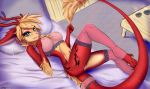  anthro bed beverage blonde_hair bra breasts clothing cute dragon eastern_dragon female hair horn jade_(disambiguation) legwear lingerie looking_at_viewer lying nipples panties pussy red_body smile solo son237(artist) stockings tattoo tea translucent underwear whiskers 