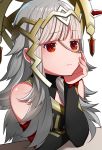  closed_mouth commentary_request crown fire_emblem fire_emblem_heroes frown grey_hair hand_on_own_face highres long_hair red_eyes ringozaka_mariko simple_background solo veronica_(fire_emblem) white_background 