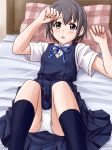  arms_up bed bed_sheet black_eyes black_hair blue_dress blue_neckwear commentary_request crotch_seam dress dress_shirt eyebrows_visible_through_hair idolmaster idolmaster_cinderella_girls indoors kneehighs lielos looking_at_viewer lying medium_dress navy_blue_legwear neck_ribbon on_back on_bed open_mouth otokura_yuuki panties pantyshot pantyshot_(lying) pinafore_dress pink_pillow plaid_pillow pleated_dress ribbon shirt short_hair short_sleeves solo underwear uniform white_panties white_shirt 