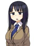  :o bangs black_eyes black_hair blue_neckwear breasts brown_cardigan buttons cardigan collared_shirt commentary_request large_breasts long_hair maruput necktie open_mouth original school_uniform shirt simple_background solo straight_hair upper_body white_background white_shirt 
