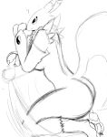  2018 big_butt breasts butt claws digimon digital_media_(artwork) female fur hi_res invalid_tag long_body long_tail looking_at_viewer paws pose presenting presenting_hindquarters renamon rhuanfps sketch solo unfinished voluptuous 