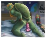  anal anal_penetration anthro anus bakameganekko bed bedroom blush clothing dildo food hi_res invalid_tag looking_at_viewer looking_back male michelangelo_(tmnt) muscular on_bed penetration pizza reptile scalie sex_toy shell skateboard smile teenage_mutant_ninja_turtles turtle 