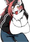  amber_eyes anthro big_breasts black_fur black_hair breasts canine cleavage clothed clothing digital_media_(artwork) fangs female fur hair hi_res jacket jeans kemono looking_at_viewer mammal pants pink_hair shirt simple_background smile solo teeth toco_(artist) tongue white_background white_fur 