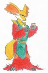  adel_winterset anthro barista cafe clothed clothing delphox female nintendo notepad pok&eacute;mon pok&eacute;mon_(species) silent_e simple_background solo video_games white_background 