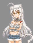  1girl ahoge animal_ears bangs braid breasts bustier cat_ears cleavage dog_days fur_trim gankon highres leonmitchelli_galette_des_rois long_hair looking_at_viewer medium_breasts midriff navel short_shorts shorts smile tail thong very_long_hair yellow_eyes 