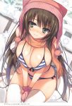  absurdres bangs beanie bikini blush breasts brown_eyes brown_hair closed_mouth eyebrows_visible_through_hair gloves hat highres large_breasts long_hair looking_at_viewer original page_number pom_pom_(clothes) scan scarf shiny shiny_hair shiny_skin smile snow snowflakes solo striped striped_bikini swimsuit tomose_shunsaku white_legwear winter_clothes 