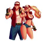  1girl bangle baseball_cap belt blonde_hair blue_eyes bracelet commentary cropped_jacket cropped_legs denim denim_shorts dual_persona fatal_fury fingerless_gloves gloves hat jewelry long_hair muscle navel ponytail rhydwyn shorts terry_bogard the_king_of_fighters unzipped 