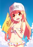  absurdres bikini blonde_hair blush brown_eyes child eyebrows_visible_through_hair flag flat_chest frilled_bikini frills hair_between_eyes hat hataraku_saibou highres long_hair navel open_mouth platelet_(hataraku_saibou) polka_dot polka_dot_bikini smile solo swimsuit violetsang white_hat 