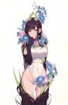  ane_naru_mono bare_shoulders black_hair chiyo_(ane_naru_mono) commentary covered_navel eyebrows_visible_through_hair flower highres horns leotard long_hair looking_at_viewer morning_glory pochi_(pochi-goya) pointy_ears purple_eyes simple_background solo very_long_hair white_background white_leotard 