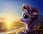 2018 absurd_res balcony beach blue_eyes bust_portrait chest_tuft cute detailed_background draconidsmxz equine eyebrows eyelashes female feral floppy_ears flower flower_in_hair friendship_is_magic fur hair hi_res hooves horn long_hair looking_at_viewer mammal multicolored_hair my_little_pony outside plant portrait purple_hair sea seaside shooting_star signature sky smile solo starlight_glimmer_(mlp) sun sunset tuft two_tone_hair unicorn water 