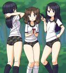  :&lt; black_eyes black_hair black_legwear blurry blurry_background breasts brown_eyes brown_hair buruma camouflage camouflage_trim cellphone closed_mouth collarbone flat_chest gym_shirt gym_uniform half-closed_eyes hand_on_hip holding holding_phone interlocked_fingers kneehighs kneepits long_hair looking_at_viewer maruput medium_breasts medium_hair multiple_girls original outdoors phone print_buruma shirt short_sleeves smartphone socks tree two_side_up white_legwear white_shirt 