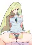  blonde_hair breasts commentary_request green_eyes harabacho_(gkfkqkch1) lace lace_panties long_hair lusamine_(pokemon) mature panties pokemon pokemon_(game) pokemon_sm simple_background sitting spread_legs underwear white_background 