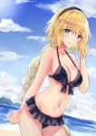  akaya_(pixiv20545353) bangs bare_arms bare_shoulders beach bikini black_bikini black_hairband blonde_hair blue_eyes blue_sky blush braid breasts cleavage cloud collarbone commentary day dutch_angle eyebrows_visible_through_hair fate/grand_order fate_(series) front-tie_bikini front-tie_top groin hair_between_eyes hairband hand_up highres jeanne_d'arc_(fate)_(all) jeanne_d'arc_(swimsuit_archer) long_hair looking_at_viewer medium_breasts navel ocean outdoors parted_lips sand sky smile solo standing swimsuit very_long_hair water 