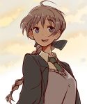  ahoge black_bow black_jacket blue_eyes bow braid brown_hair brown_sweater cloud cloudy_sky commentary dress_shirt eyebrows_visible_through_hair green_neckwear hair_bow hair_tie jacket long_hair looking_at_viewer lynette_bishop morning necktie open_mouth outdoors shirt single_braid sky smile solo standing strike_witches suo_(sndrta2n) sweater sweater_vest upper_body white_shirt wing_collar world_witches_series 