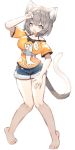  animal_ear_fluff animal_ears arm_up bangs bare_legs bare_shoulders barefoot black_bow blush bow breasts cat_ears cat_tail commentary covered_navel denim denim_shorts eyebrows_visible_through_hair full_body grey_hair knees_together_feet_apart large_breasts mamuru open_mouth orange_shirt original shiny shiny_hair shirt short_hair short_shorts short_sleeves shorts simple_background solo tail thick_eyebrows thighs white_background 