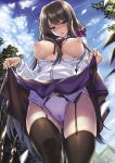  2016 :d :o ass_visible_through_thighs bangs black_legwear blue_sky blush breasts breasts_outside brown_hair buttons cameltoe cloud cloudy_sky comic_exe dated day eyebrows_visible_through_hair flashing foreshortening from_below garter_belt hair_ornament hair_over_breasts hair_scrunchie highres lace lace-trimmed_panties large_breasts lifted_by_self long_hair long_sleeves looking_at_viewer medium_breasts nipples no_bra open_clothes open_mouth open_shirt original panties piromizu puffy_nipples purple_eyes scrunchie shirt sidelocks skirt skirt_lift sky smile solo sweat thighhighs thighs tree underwear very_long_hair white_panties white_shirt 