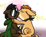  bandanna blush bracelet cape clothing cutie_mark duo equine eyewear feral feral_on_feral fur hand_holding hand_on_shoulder horse jackass jewelry kissing low_res male male/male mammal multicolored_fur my_little_pony pokehidden pony ponyhidden sitting 