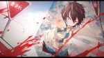  absurdres amamiya_hibiya blood blood_splatter brown_hair clock cloud commentary_request highres hood hooded_jacket hoodie jacket kagerou_days_(vocaloid) kagerou_project letterboxed looking_at_viewer male_focus nanase_akira_(ekmm4442) outstretched_arm reaching red_eyes short_hair sign solo stop_sign tearing_up wide-eyed 