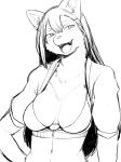  anthro bra breasts canine clothing digital_media_(artwork) ear_piercing fangs female fluffy fur hair hi_res inner_ear_fluff long_hair mammal monochrome navel open_mouth piercing shirt simple_background sketch smile solo teeth toco_(artist) tongue underwear white_background white_fur 